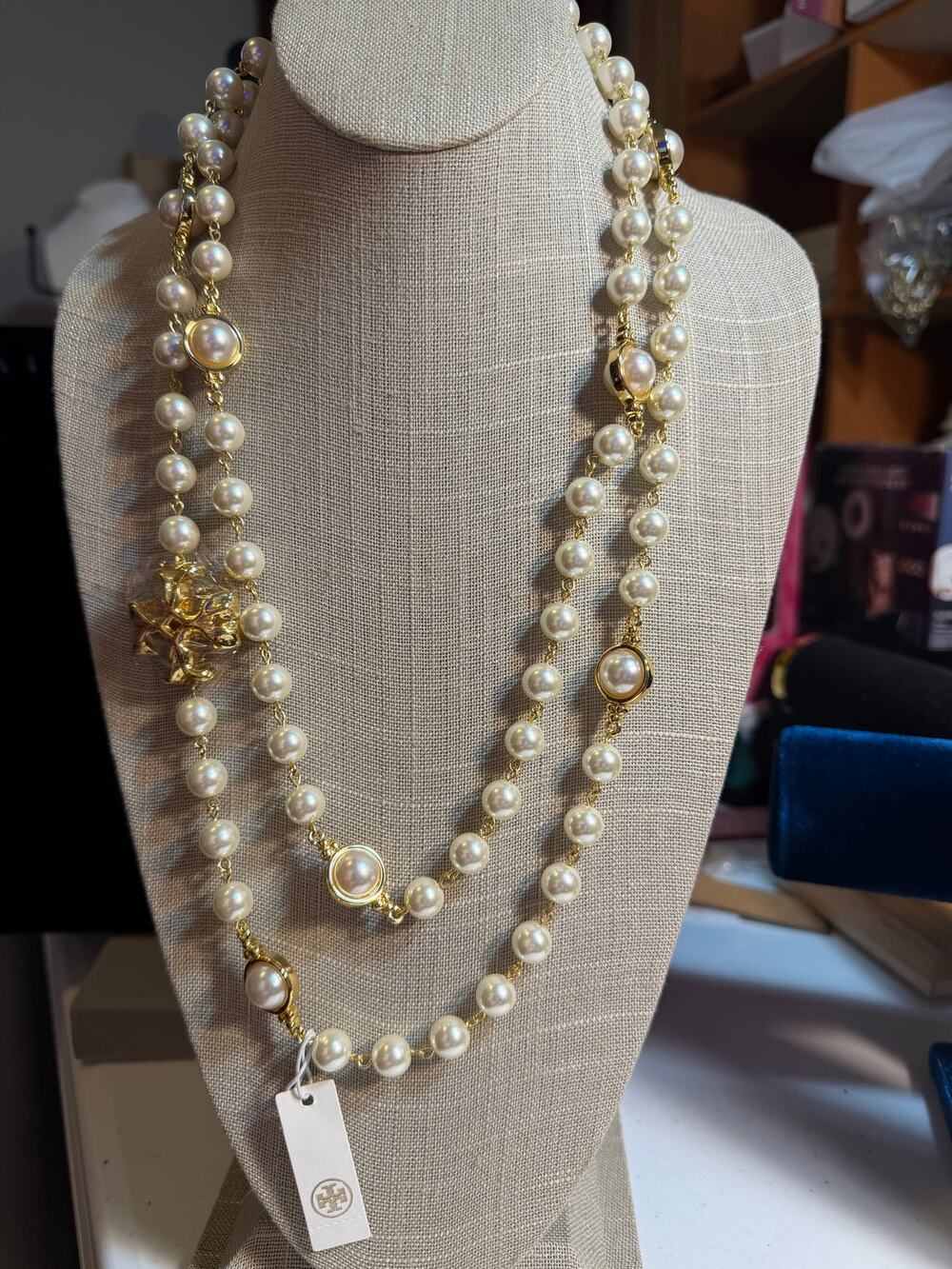 Tory Burch Roxanne Long Necklace 52" Faux Pearls Gold Logo Layering NWT